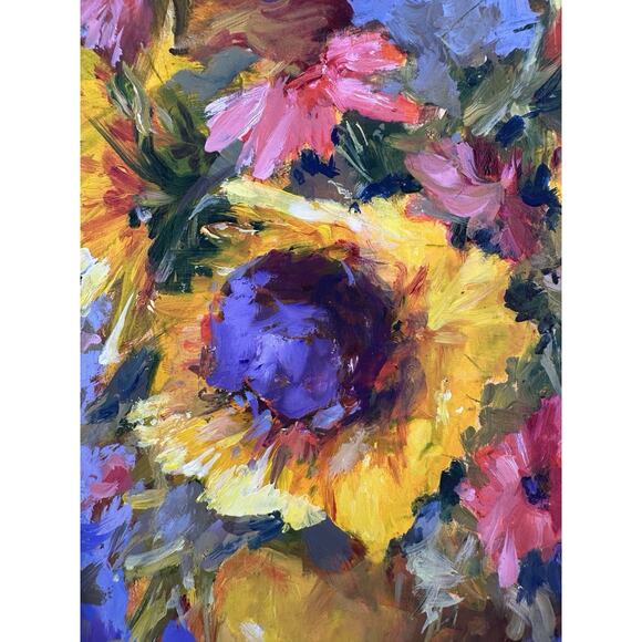 Vintage Oil Painting of Sunflowers Impressionistic Custom Wood Frame 7.5"x 5.75" - Picture 3 of 8